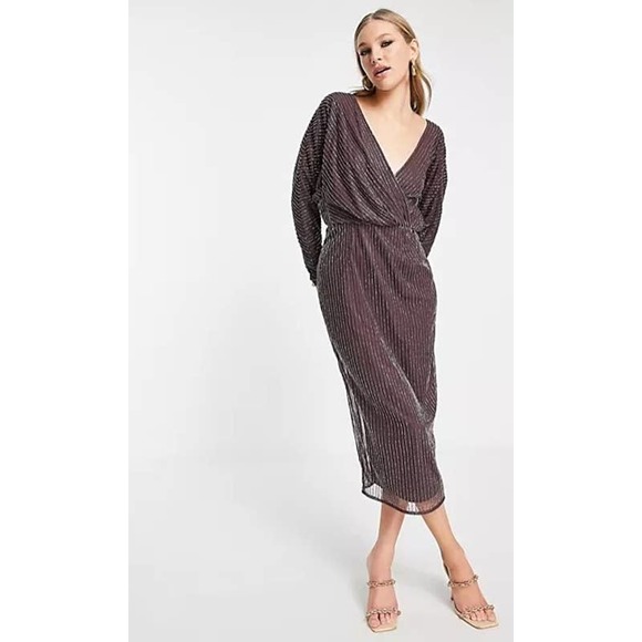 ASOS DESIGN Gold Linear Embellished Batwing Midi Dress Mauve 4 NWT - Picture 2 of 4